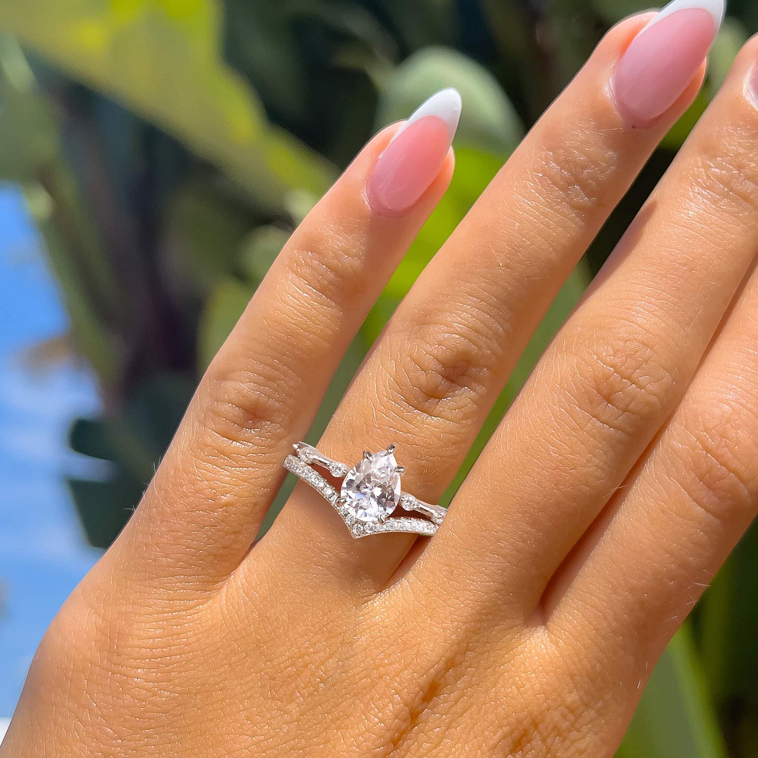 cheap wedding ring sets, pear cut ring, cubic zirconia ring, affordable wedding ring sets, cheap bridal ring sets, sterling silver rings for women, fake bridal set rings, crown ring, affordable jewelry