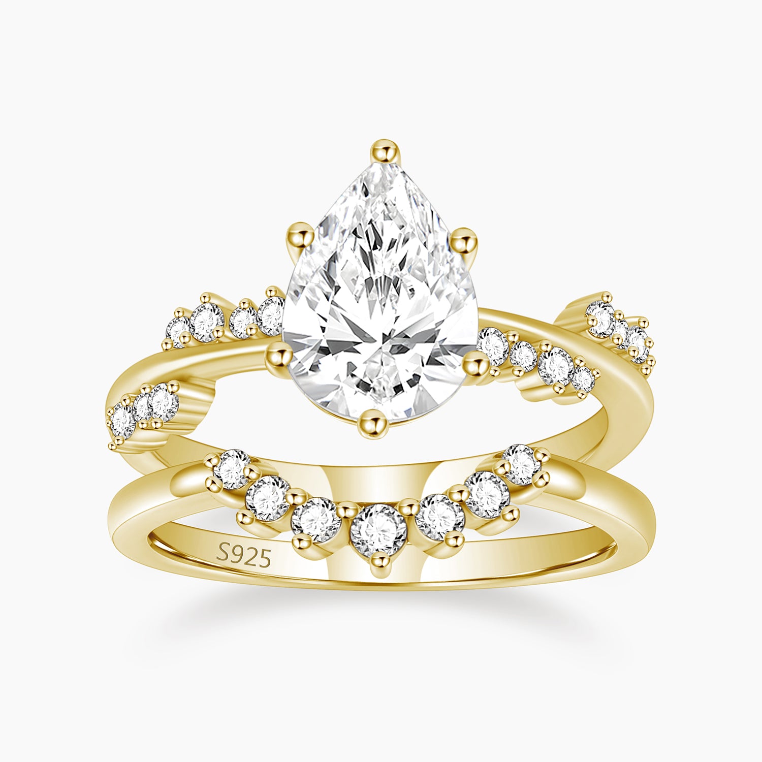 gold wedding band sets, fake bridal set rings, pear cut ring, cubic zirconia ring, sterling silver ring, crown ring, CZ Stones, cheap wedding ring sets