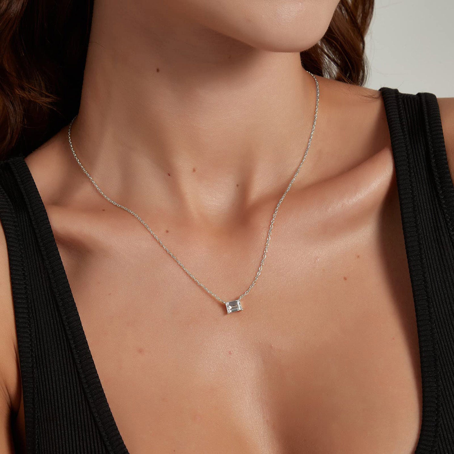 solitaire necklace for women, sterling silver necklace, silver gemstone necklace, cubic zirconia necklace, cz necklace, dainty necklace, emerald cut