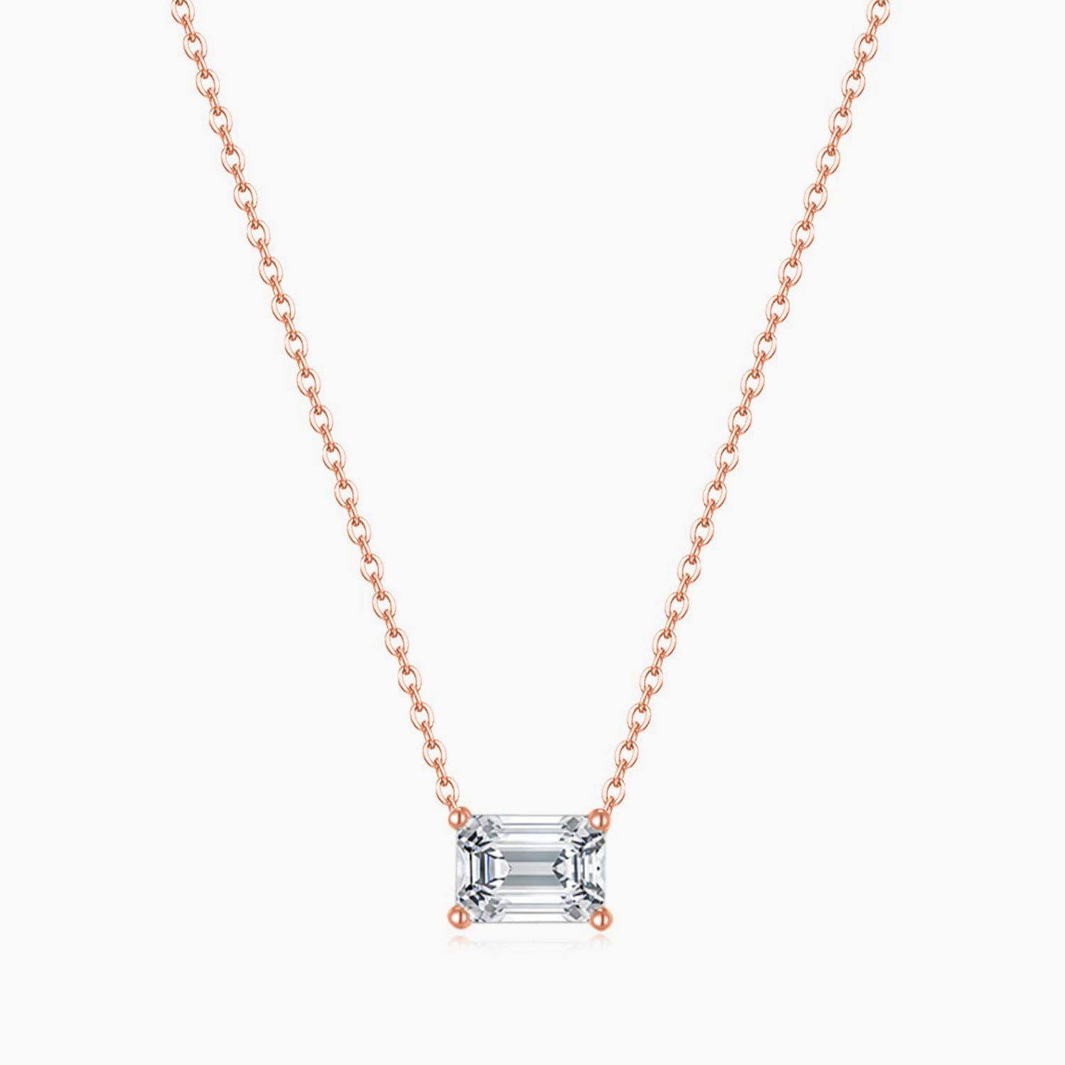 rose gold necklace, solitaire necklace for women, sterling silver necklace, silver gemstone necklace, cubic zirconia necklace, cz necklace, dainty necklace, emerald cut