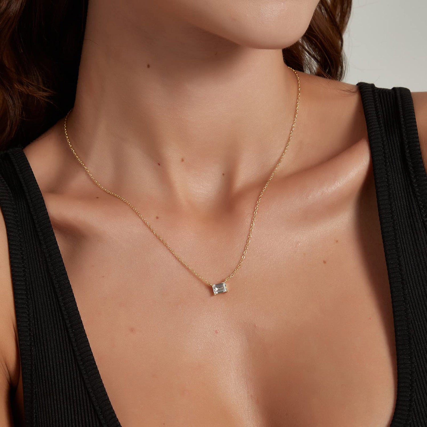 gold necklace, solitaire necklace for women, sterling silver necklace, silver gemstone necklace, cubic zirconia necklace, cz necklace, dainty necklace, emerald cut