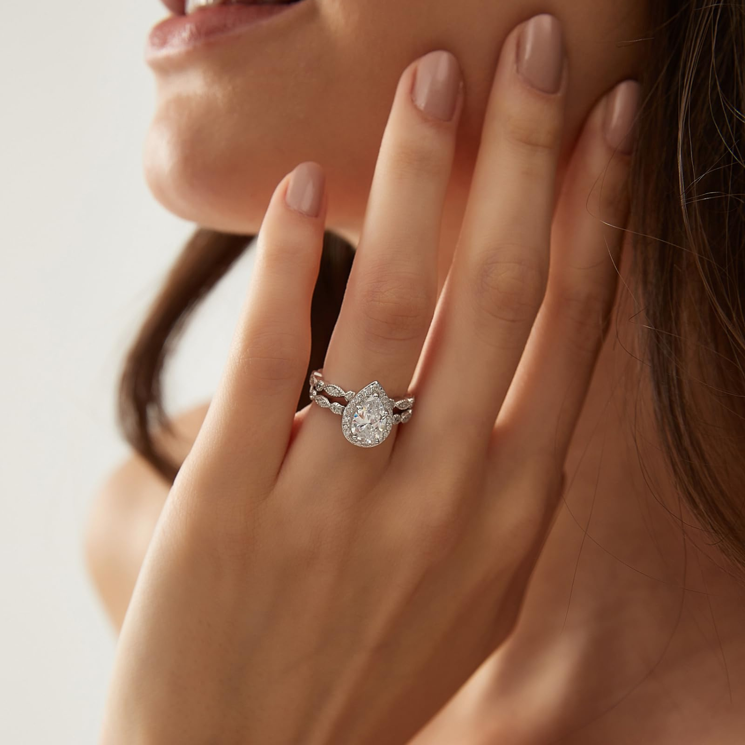 Carat 925 Sterling Silver Wedding Teardrop Bridal Ring Set