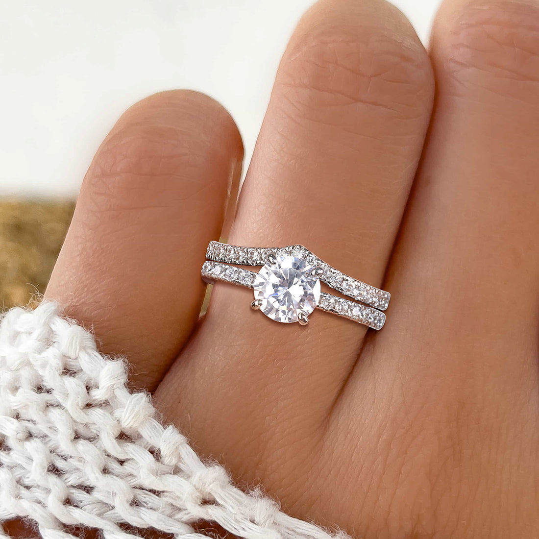 925 Sterling Silver Round Cut Crown Bridal Ring Set