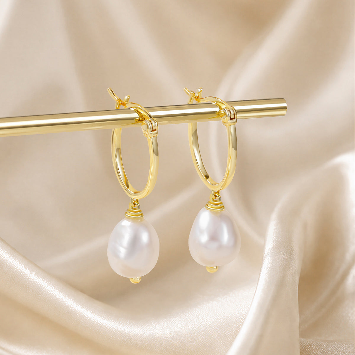 Soft Luster Organic Baroque Pearl Drop Hoop Earrings