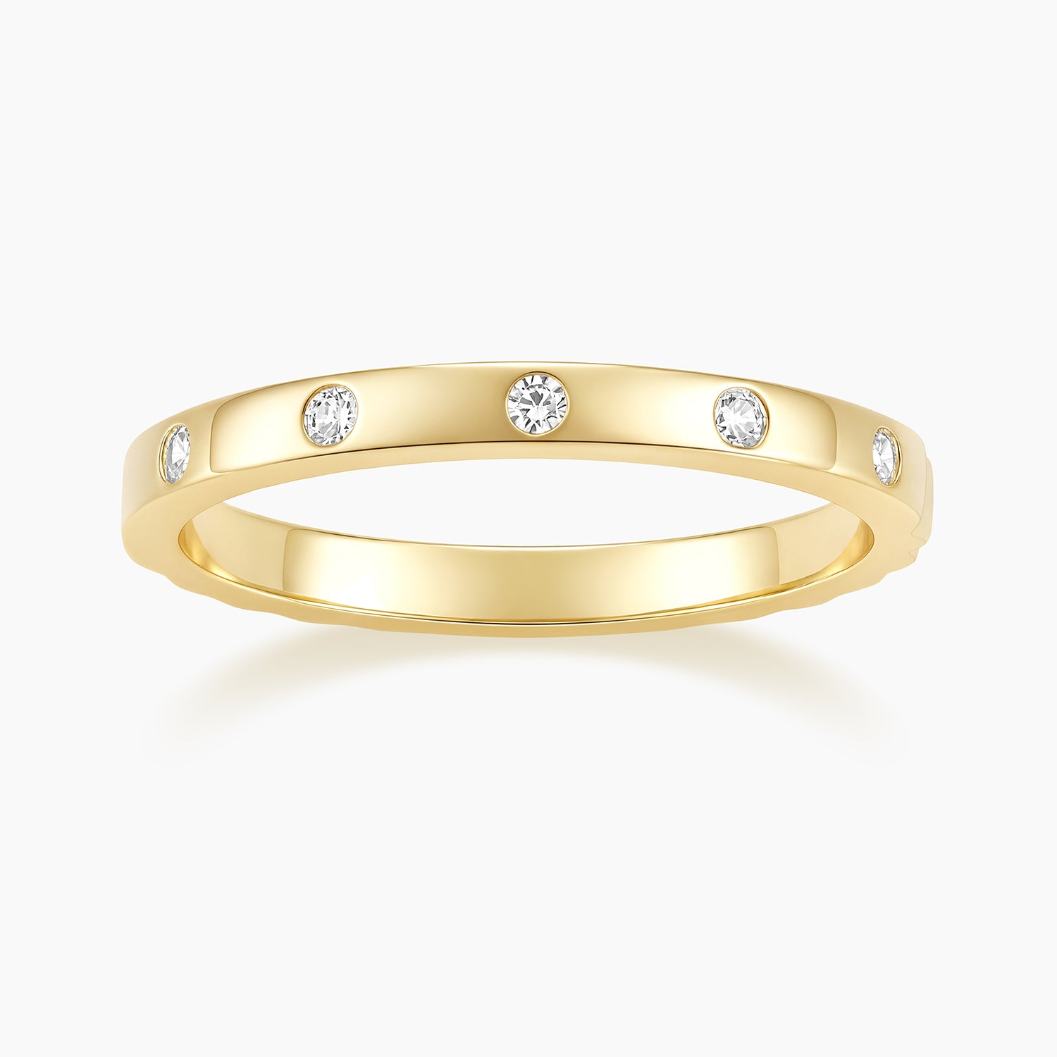 minimalist wedding band ring, 5A CZ band ring, modern promise ring, cubic zirconia Rings, cz ring, wedding rings cz, eamti rings, cheap wedding rings under $50, copper ring,stackable ring. Gold ring with embedded diamonds on a white background