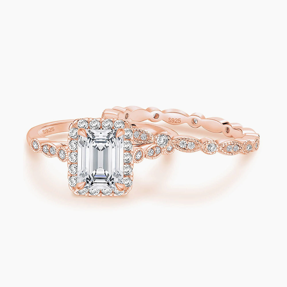 925 Sterling Silver Emerald Cut Cubic Zirconia Ring Set