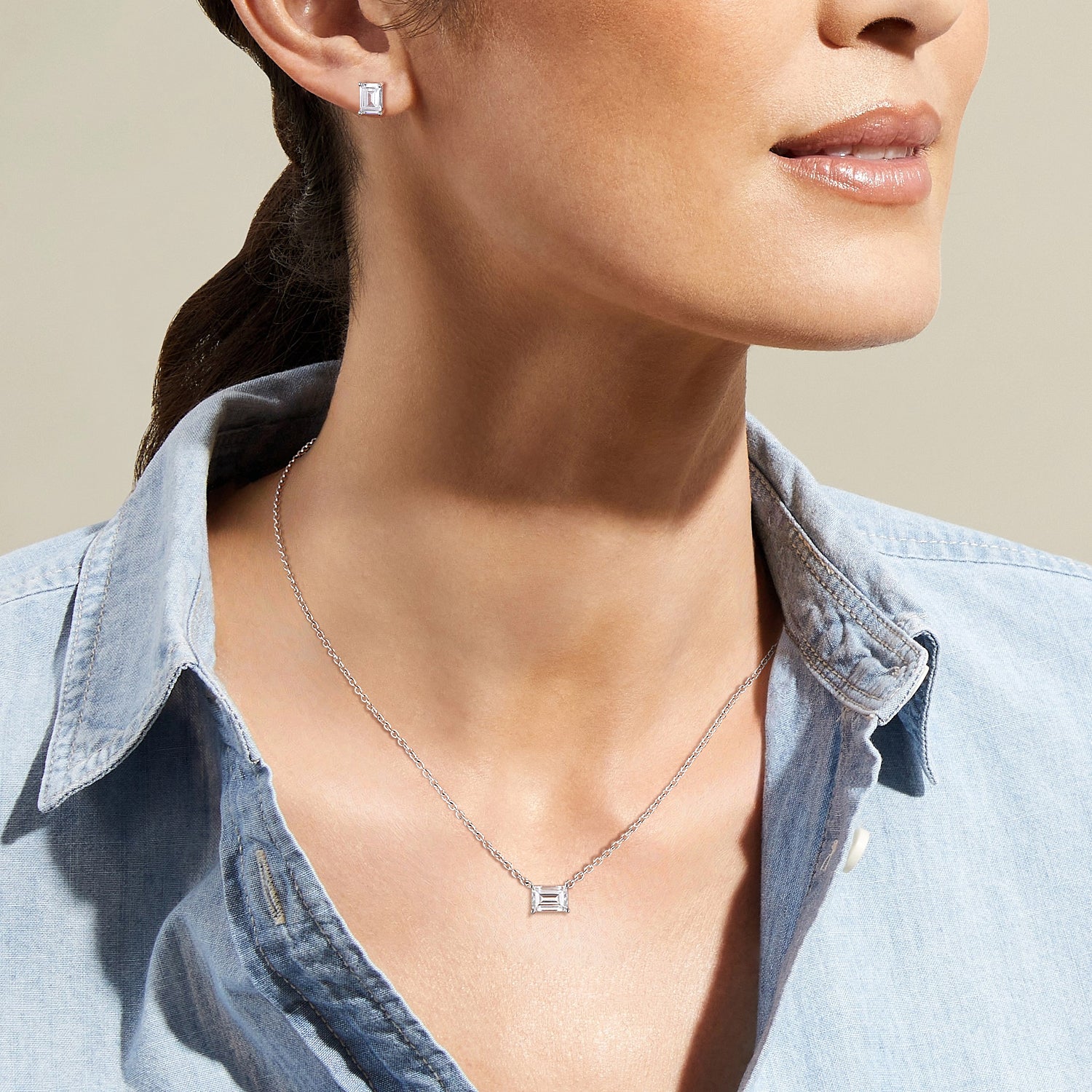 bridal set, stud earrings, solitaire necklace for women, sterling silver necklace, silver gemstone necklace, cubic zirconia necklace, cz necklace, dainty necklace, emerald cut, necklace and earrings set
