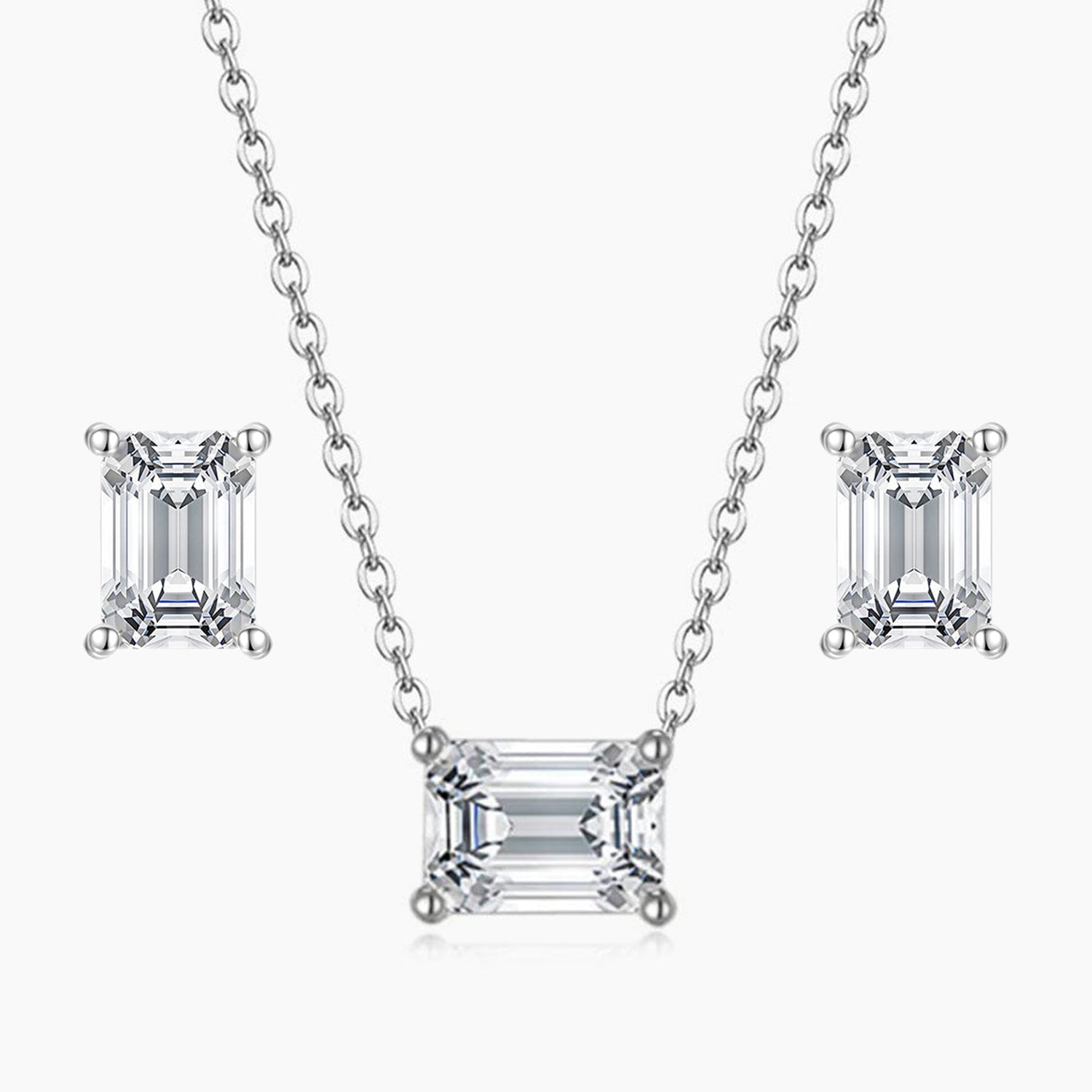 bridal set, stud earrings, solitaire necklace for women, sterling silver necklace, silver gemstone necklace, cubic zirconia necklace, cz necklace, dainty necklace, emerald cut, necklace and earrings set, sets bridal jewelry, wedding jewelry sets