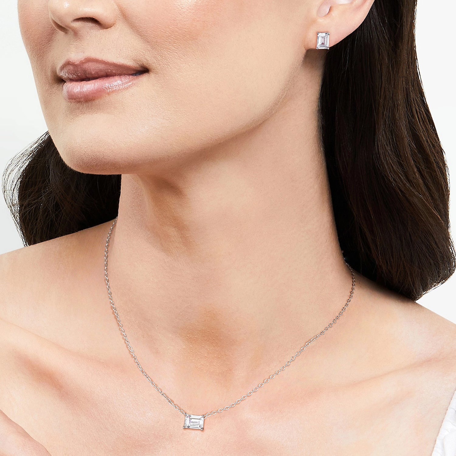 bridal set, stud earrings, solitaire necklace for women, sterling silver necklace, silver gemstone necklace, cubic zirconia necklace, cz necklace, dainty necklace, emerald cut, necklace and earrings set, sets bridal jewelry, wedding jewelry sets
