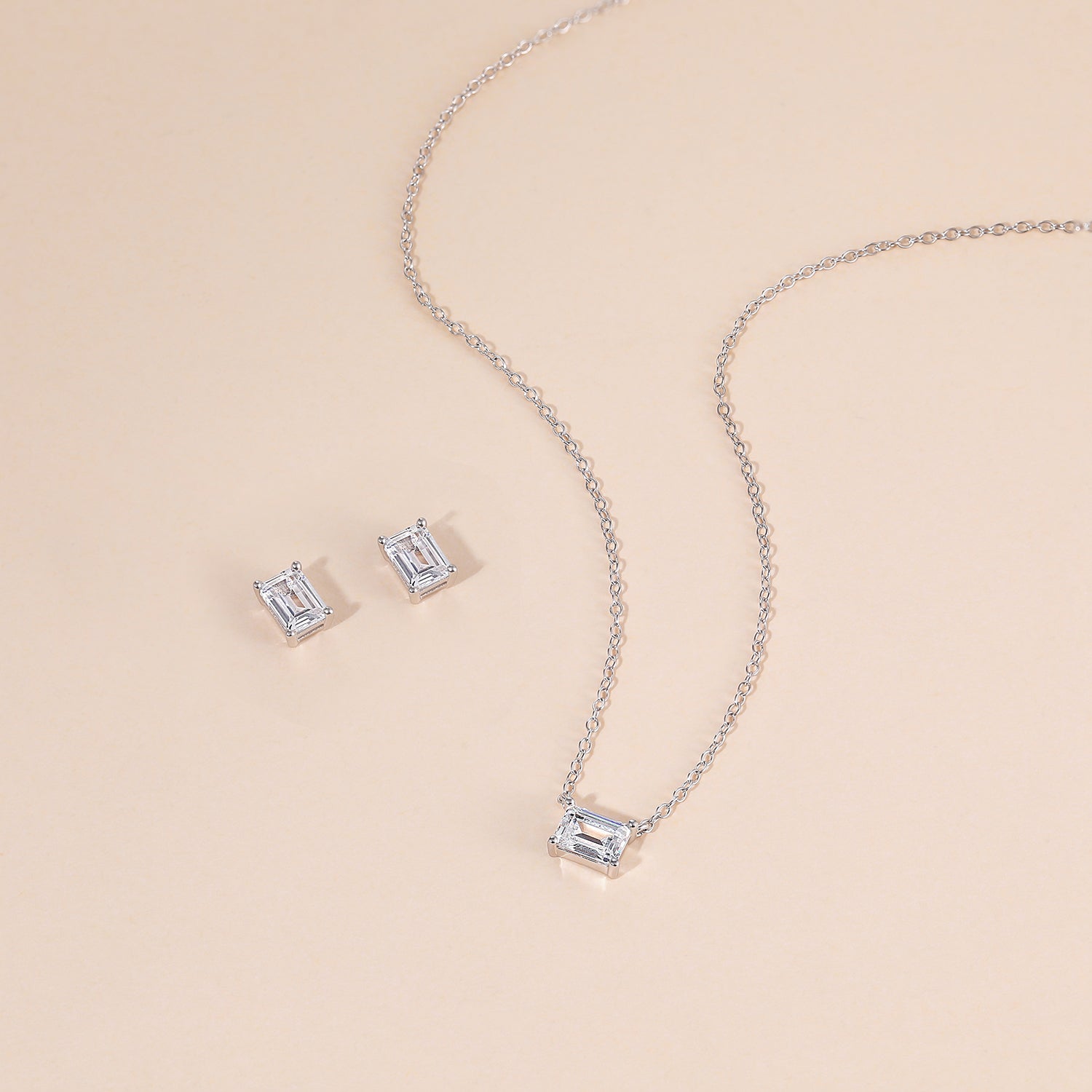 bridal set, stud earrings, solitaire necklace for women, sterling silver necklace, silver gemstone necklace, cubic zirconia necklace, cz necklace, dainty necklace, emerald cut, necklace and earrings set, sets bridal jewelry, wedding jewelry sets, affordable wedding ring set