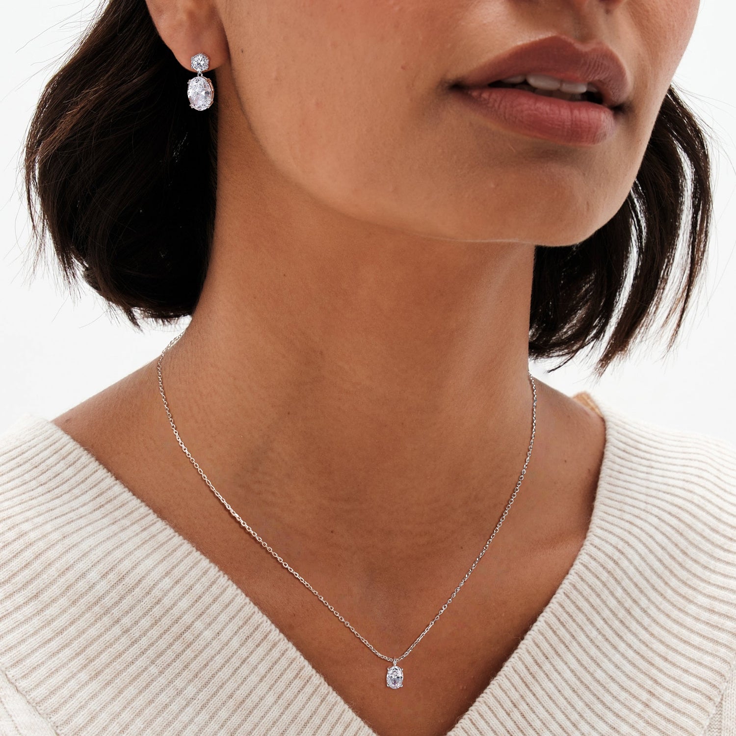 bridal set, bridal earrings, sterling silver necklace, silver gemstone necklace, cubic zirconia necklace, cz necklace, dainty necklace, oval cut, necklace and earrings set, sets bridal jewelry, wedding jewelry sets, affordable wedding ring set, wedding jewelry sets for bride