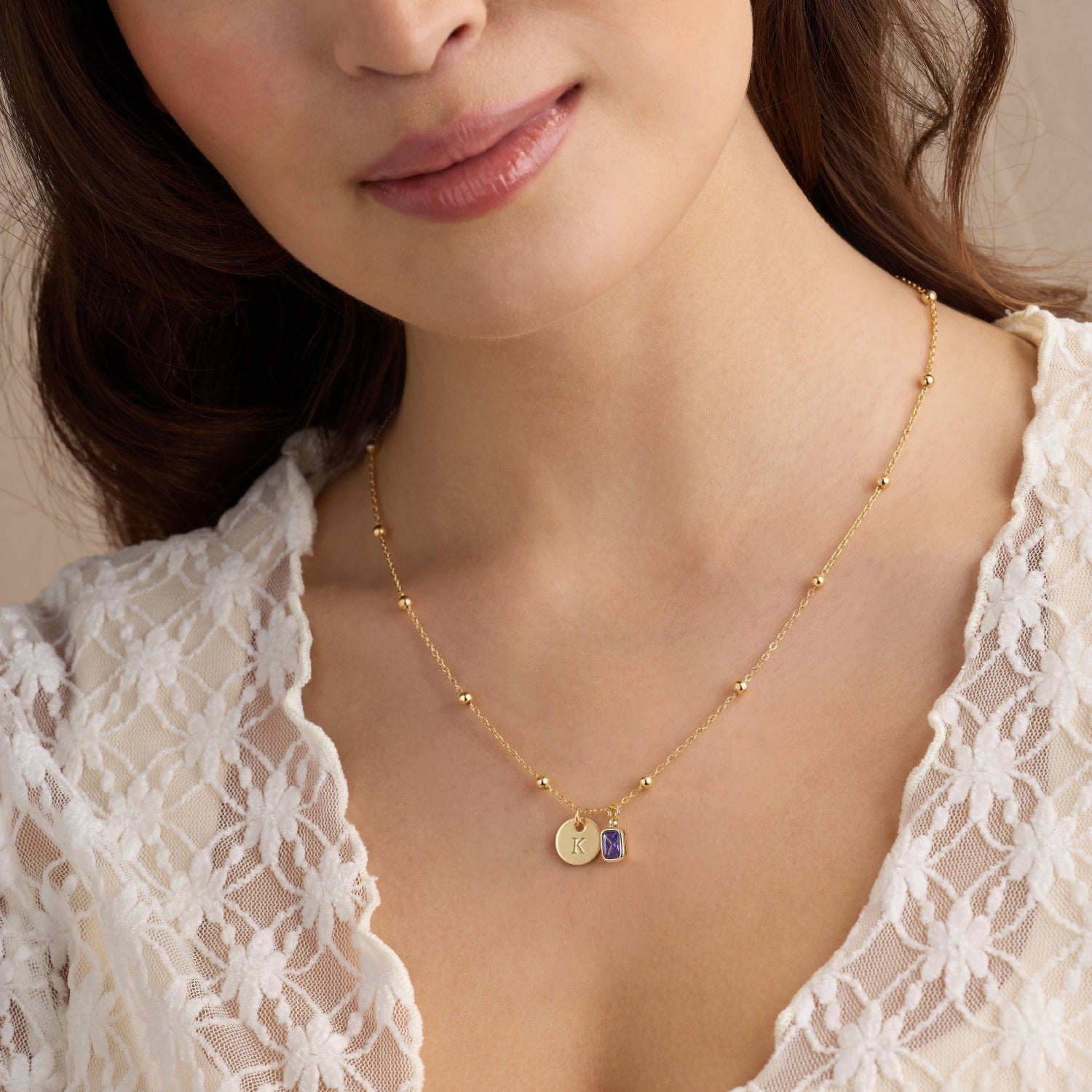 Custom Birthstone Initial Disc Pendant Necklace