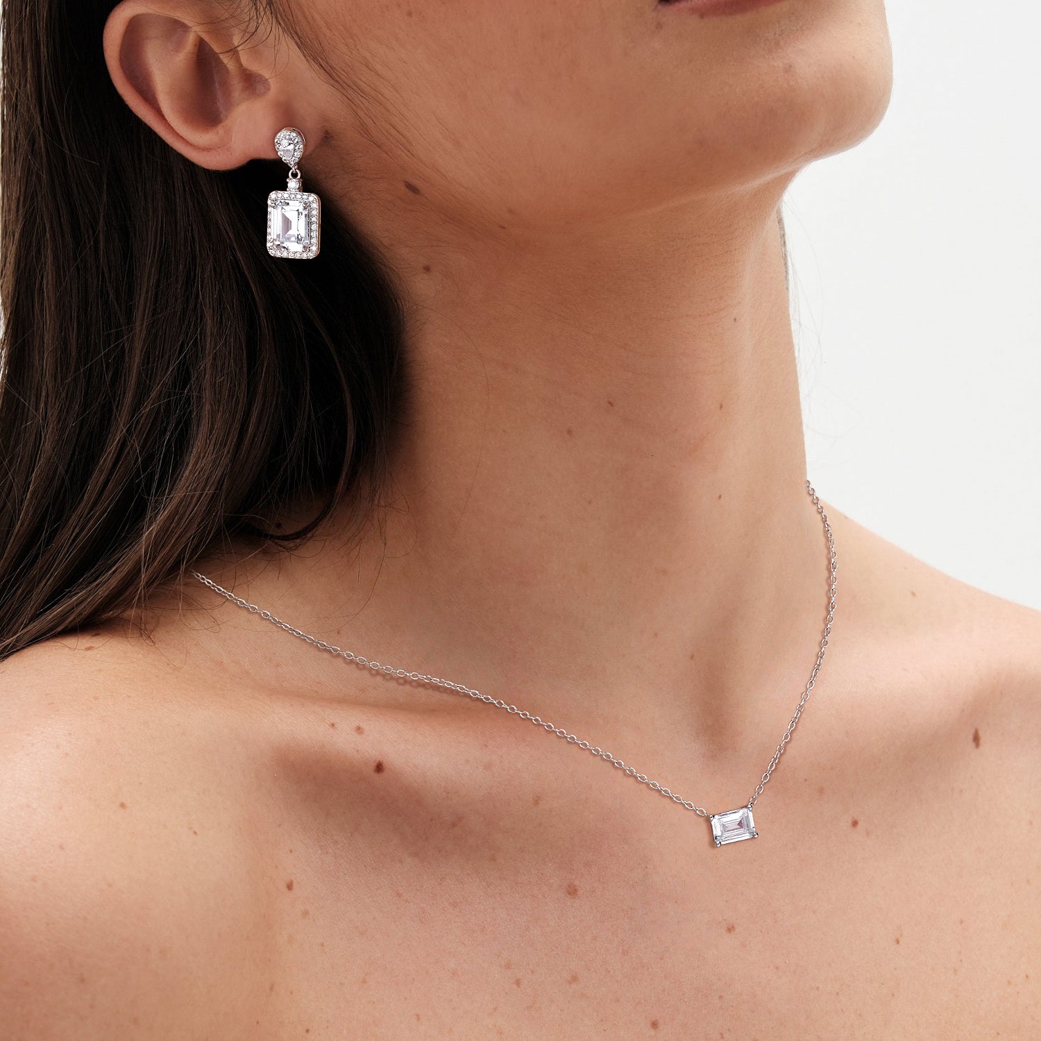 bridal set, bridal earrings, cz necklace for women, sterling silver necklace, silver gemstone necklace, cubic zirconia necklace, cz necklace, dainty necklace, emerald cut, necklace and earrings set, sets bridal jewelry, wedding jewelry sets