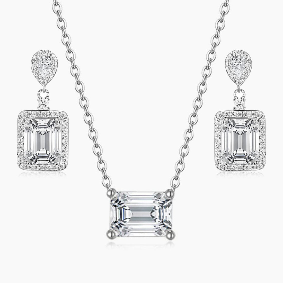 bridal set, bridal earrings, cz necklace for women, sterling silver necklace, silver gemstone necklace, cubic zirconia necklace, cz necklace, dainty necklace, emerald cut, necklace and earrings set, sets bridal jewelry, wedding jewelry sets, 30th wedding anniversary gift