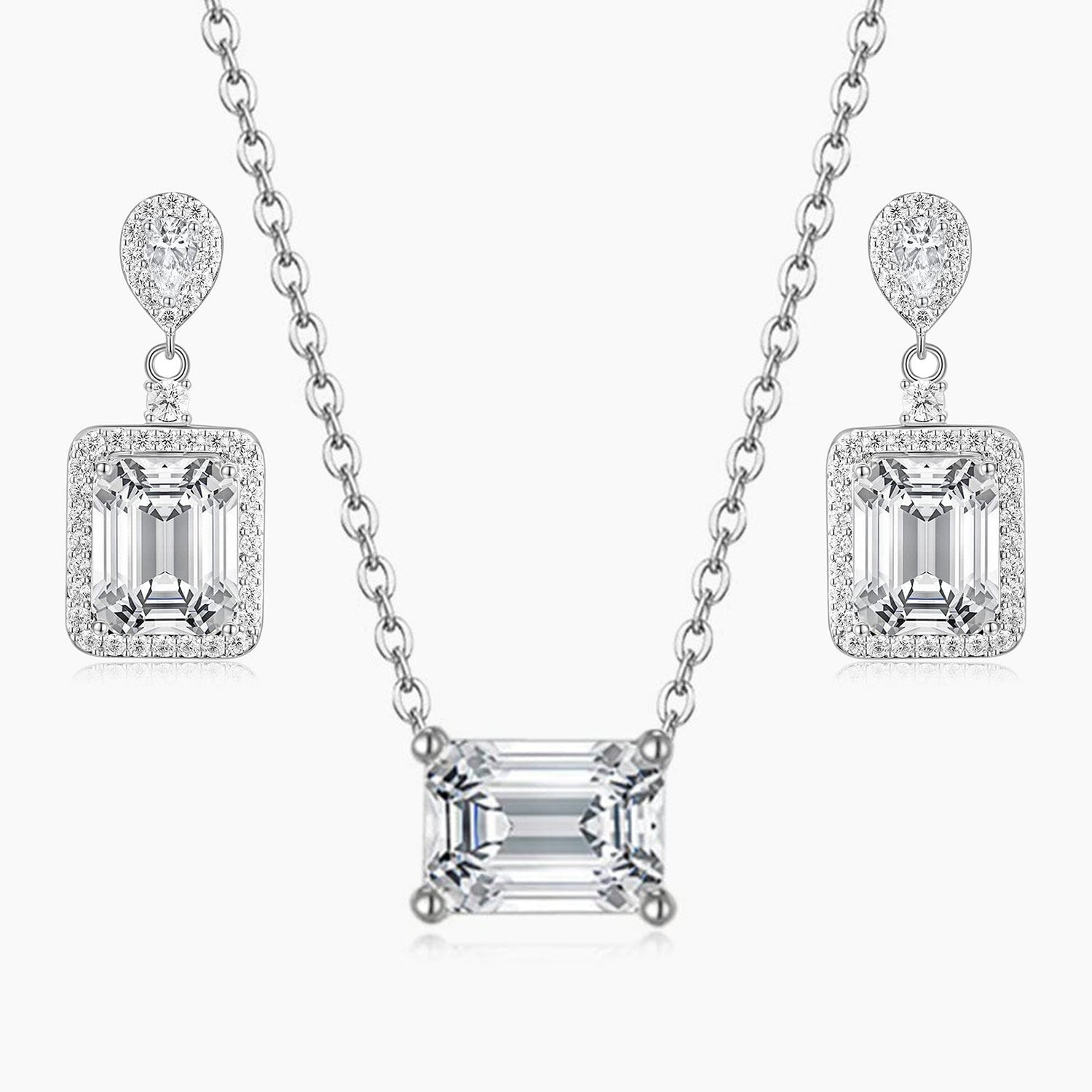 bridal set, bridal earrings, cz necklace for women, sterling silver necklace, silver gemstone necklace, cubic zirconia necklace, cz necklace, dainty necklace, emerald cut, necklace and earrings set, sets bridal jewelry, wedding jewelry sets, 30th wedding anniversary gift