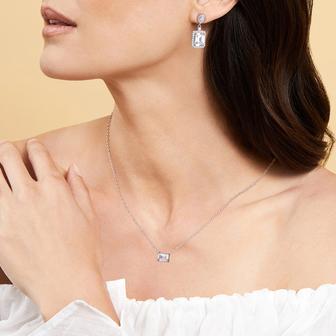 bridal set, bridal earrings, cz necklace for women, sterling silver necklace, silver gemstone necklace, cubic zirconia necklace, cz necklace, dainty necklace, emerald cut, necklace and earrings set, sets bridal jewelry, wedding jewelry sets