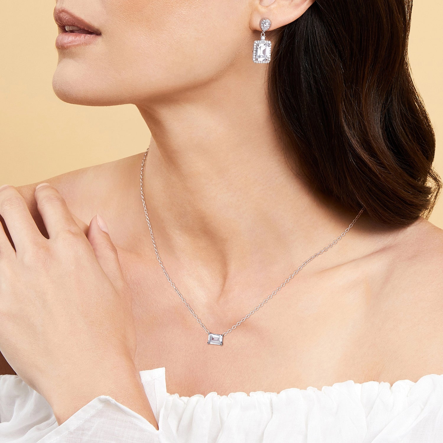 bridal set, bridal earrings, cz necklace for women, sterling silver necklace, silver gemstone necklace, cubic zirconia necklace, cz necklace, dainty necklace, emerald cut, necklace and earrings set, sets bridal jewelry, wedding jewelry sets