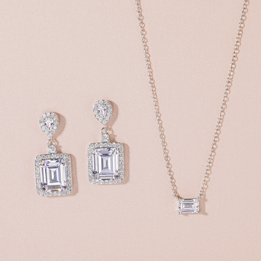 bridal set, bridal earrings, cz necklace for women, sterling silver necklace, silver gemstone necklace, cubic zirconia necklace, cz necklace, dainty necklace, emerald cut, necklace and earrings set, sets bridal jewelry, wedding jewelry sets
