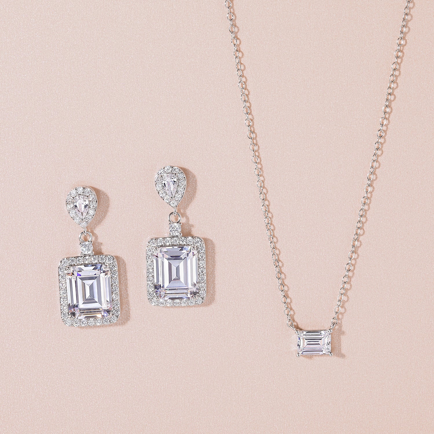 bridal set, bridal earrings, cz necklace for women, sterling silver necklace, silver gemstone necklace, cubic zirconia necklace, cz necklace, dainty necklace, emerald cut, necklace and earrings set, sets bridal jewelry, wedding jewelry sets
