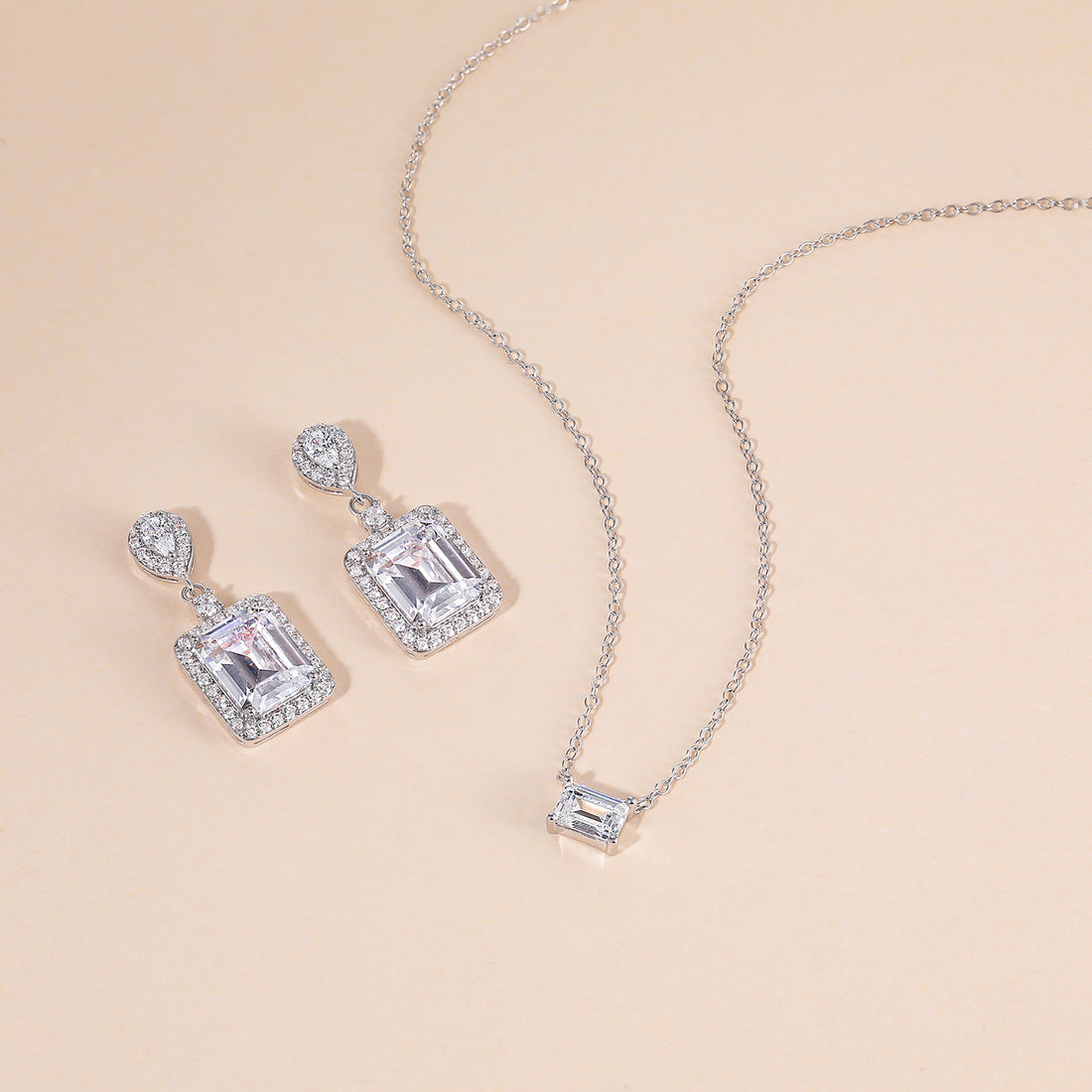 necklace and earrings set, pear cut, bridal set, cubic zirconia usa, affordable jewelry, wedding jewelry sets, cz wedding sets, emerald cut, cz stones, 925 sterling silver, cz bridal sets