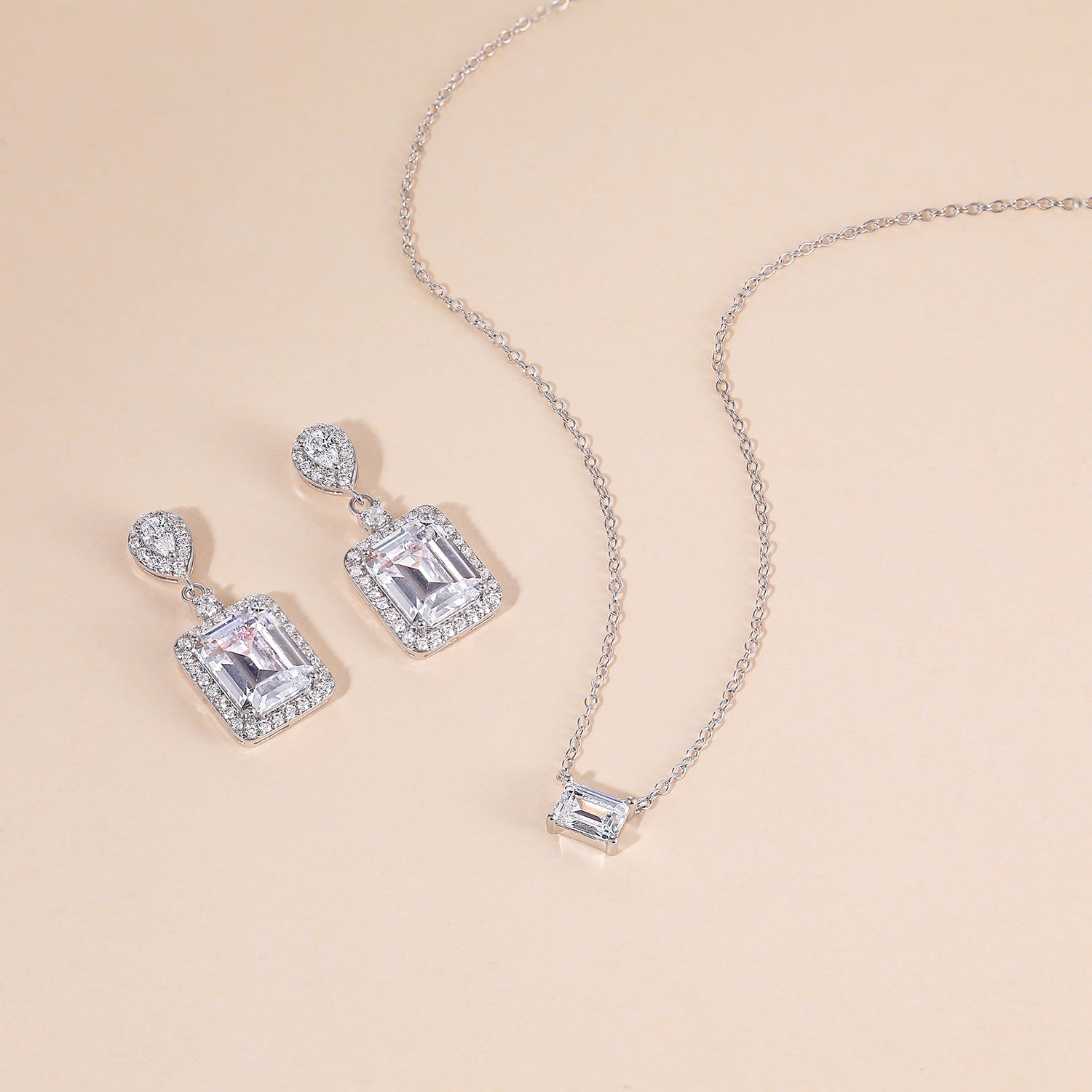 necklace and earrings set, pear cut, bridal set, cubic zirconia usa, affordable jewelry, wedding jewelry sets, cz wedding sets, emerald cut, cz stones, 925 sterling silver, cz bridal sets