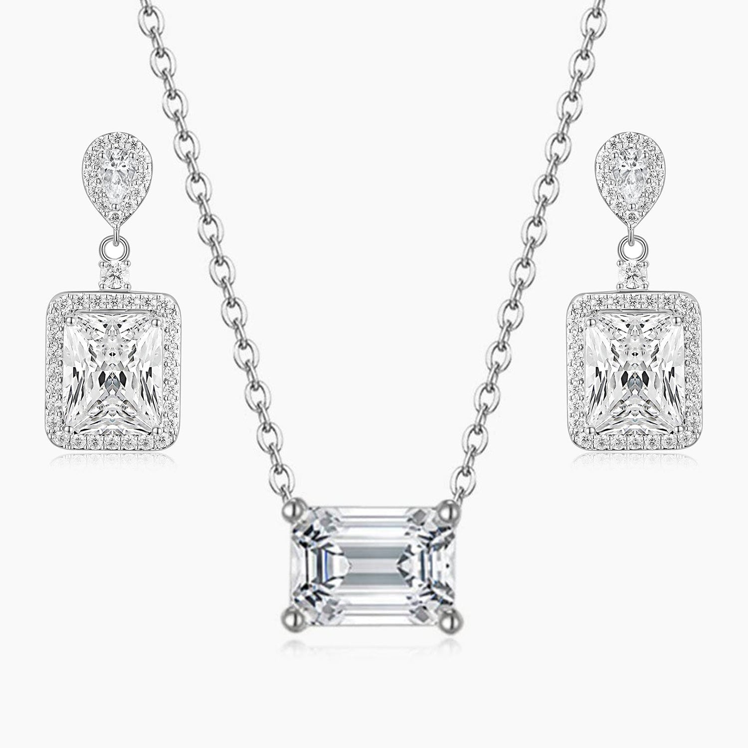 bridal set, bridal earrings, cz necklace for women, sterling silver necklace, silver gemstone necklace, cubic zirconia necklace, cz necklace, dainty necklace, emerald cut, necklace and earrings set, sets bridal jewelry, wedding jewelry sets, 30th wedding anniversary gift