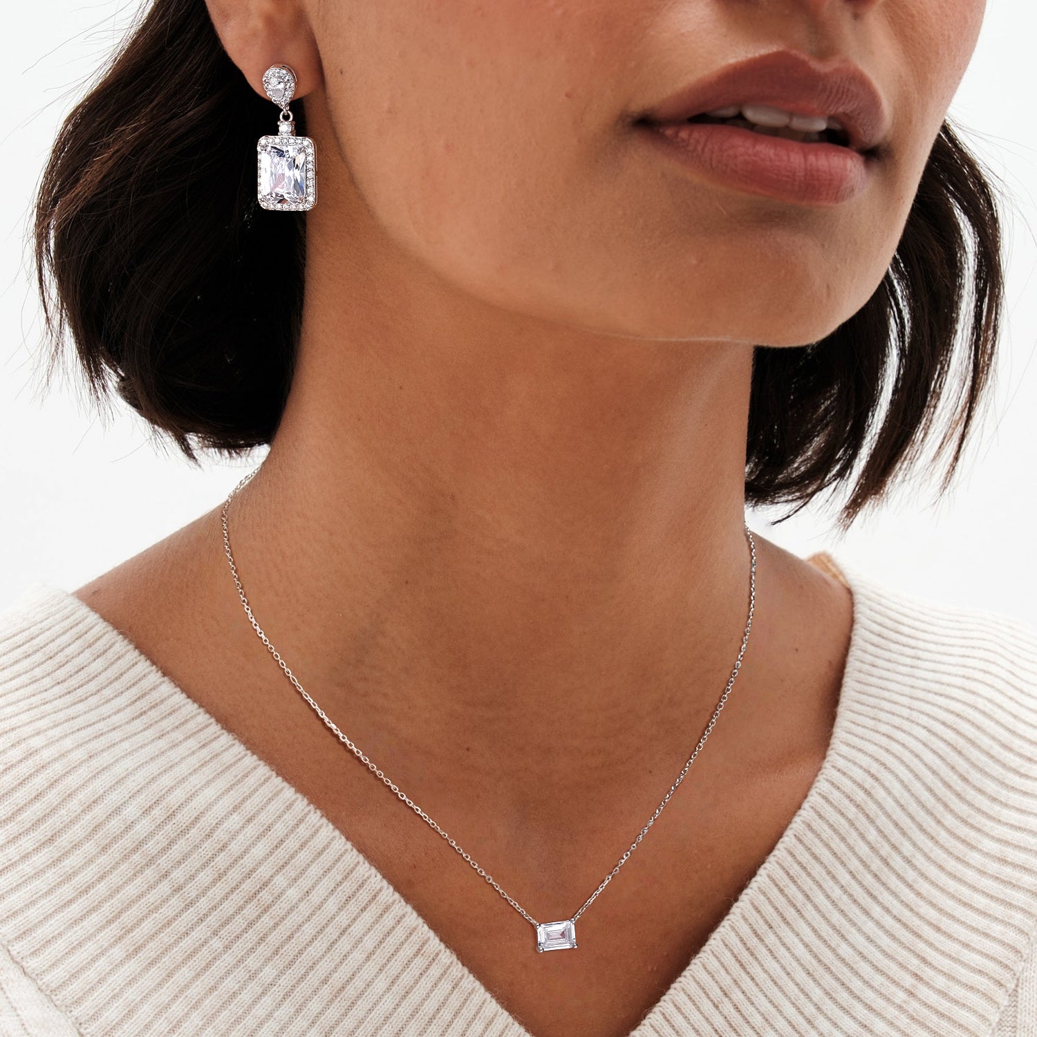 bridal set, bridal earrings, cz necklace for women, sterling silver necklace, silver gemstone necklace, cubic zirconia necklace, cz necklace, dainty necklace, emerald cut, necklace and earrings set, sets bridal jewelry, wedding jewelry sets, 30th wedding anniversary gift, silver anniversary