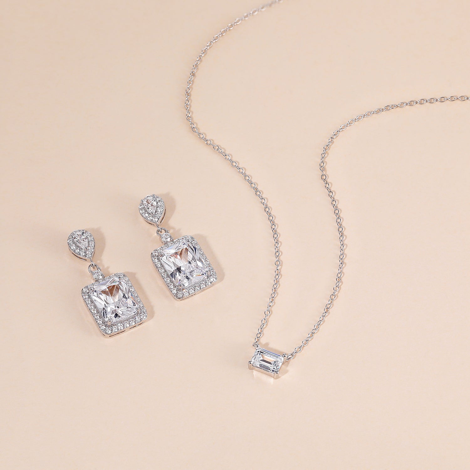 bridal set, bridal earrings, cz necklace for women, sterling silver necklace, silver gemstone necklace, cubic zirconia necklace, cz necklace, dainty necklace, emerald cut, necklace and earrings set, sets bridal jewelry, wedding jewelry sets, 30th wedding anniversary gift, silver anniversary