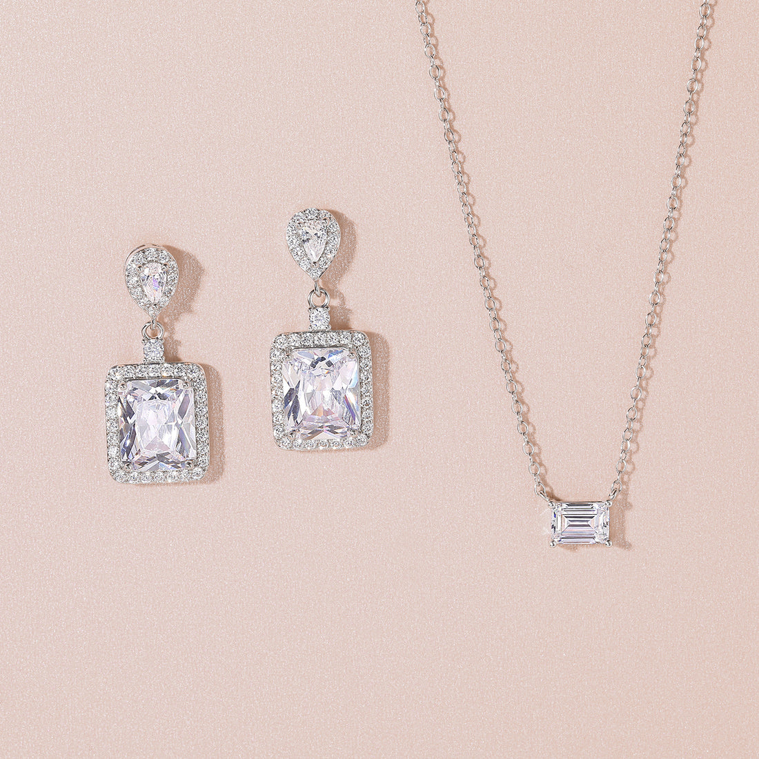 necklace and earrings set, emerald cut, bridal set, cubic zirconia usa, affordable jewelry, wedding jewelry sets, cz wedding sets, emerald cut, cz stones, 925 sterling silver, cz bridal sets