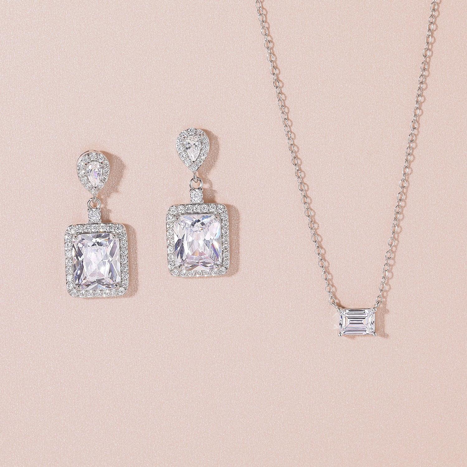 necklace and earrings set, emerald cut, bridal set, cubic zirconia usa, affordable jewelry, wedding jewelry sets, cz wedding sets, emerald cut, cz stones, 925 sterling silver, cz bridal sets