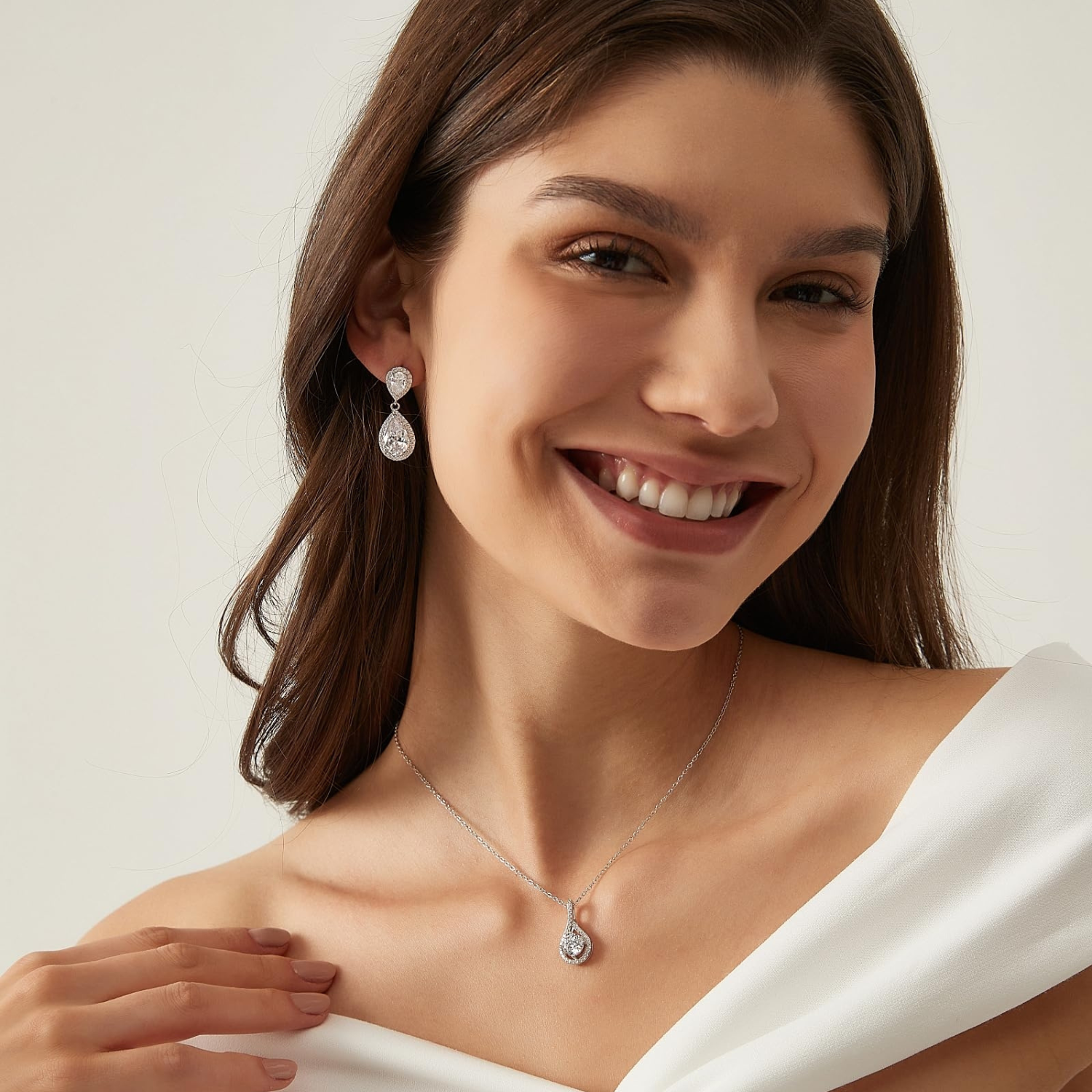 bridal set, bridal earrings, teardrop necklace for women, sterling silver necklace, silver gemstone necklace, cubic zirconia necklace, cz necklace, dainty necklace, teardrop, necklace and earrings set, sets bridal jewelry, wedding jewelry sets, affordable wedding ring set, halo pear