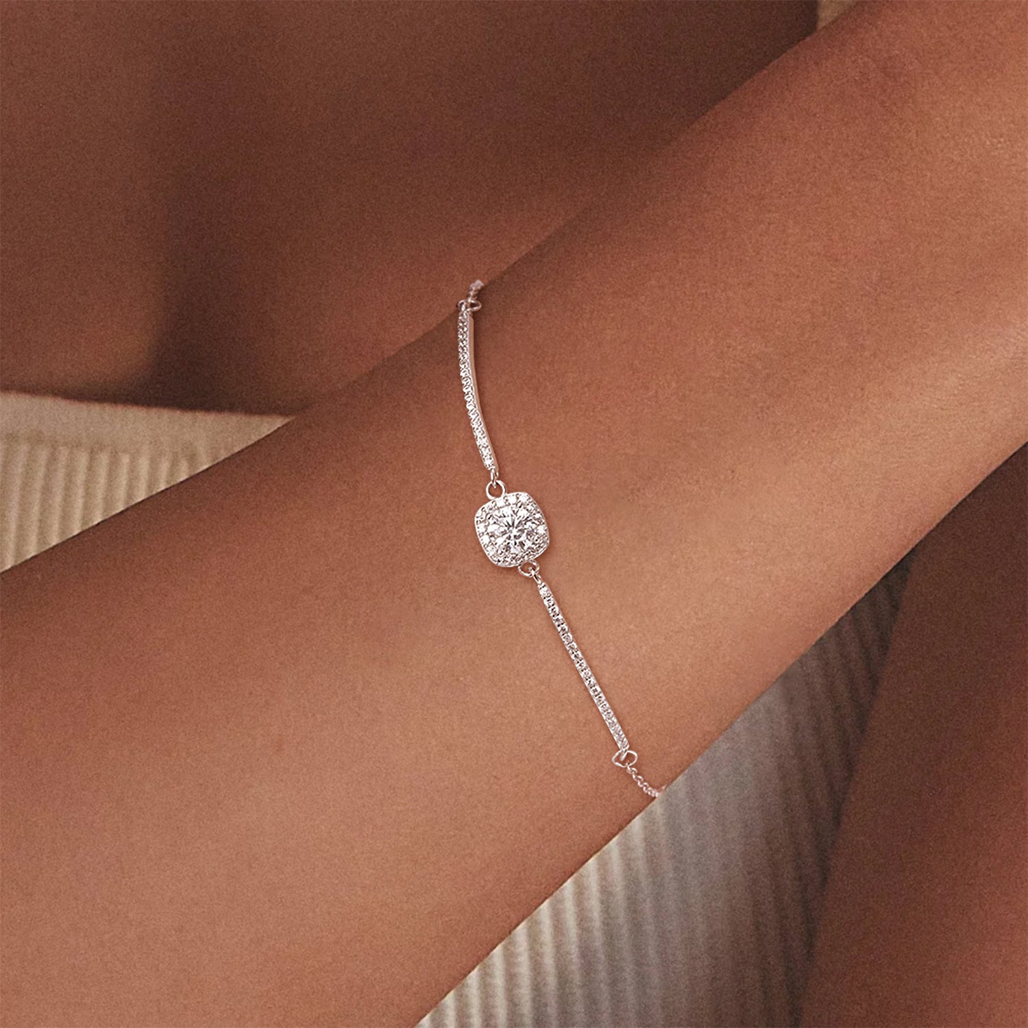 radiant cut, silver bracelet, moissanite bracelet, adjustable bracelet, solitaire bracelet