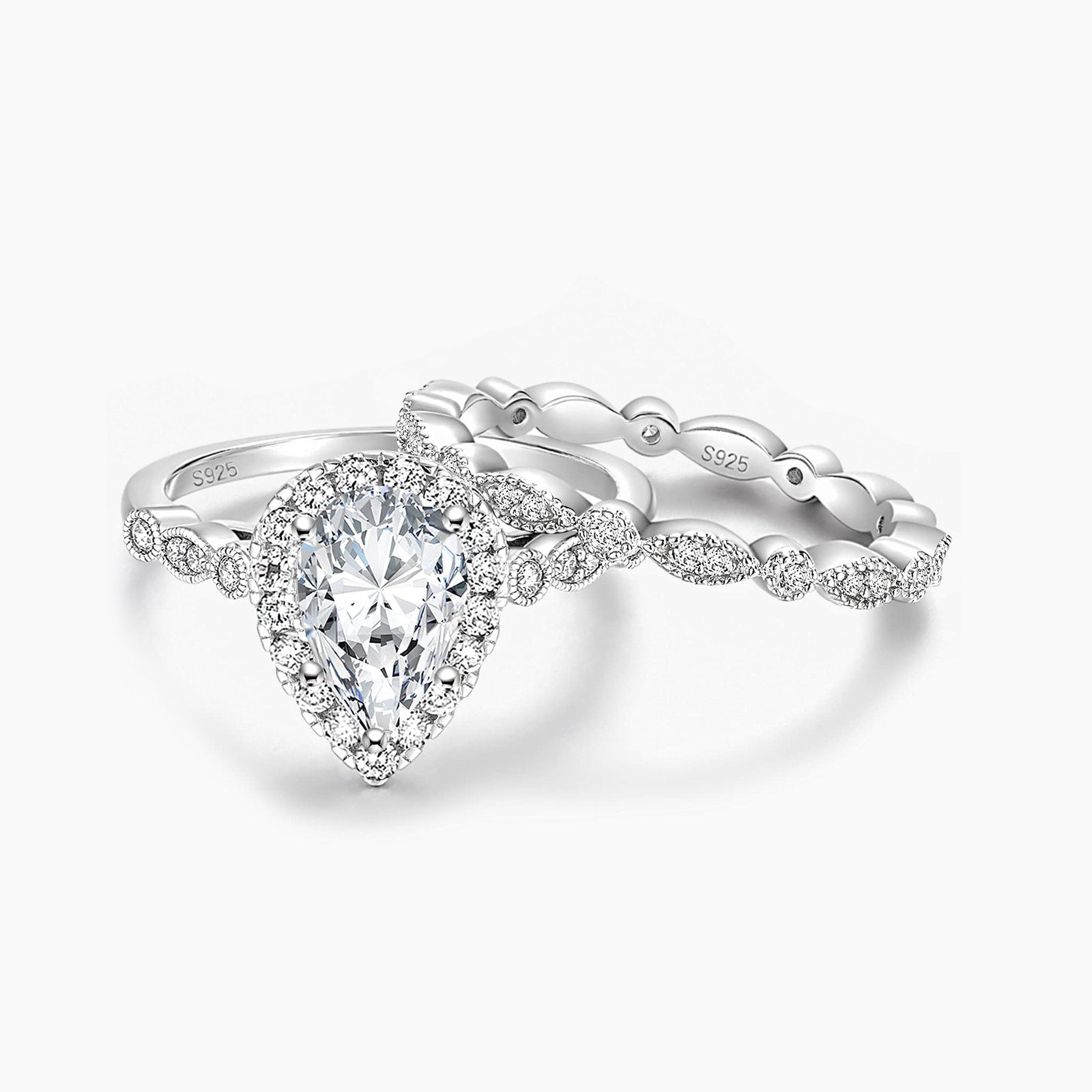 1.5 Carat 925 Sterling Wedding Teardrop Bridal Ring Set