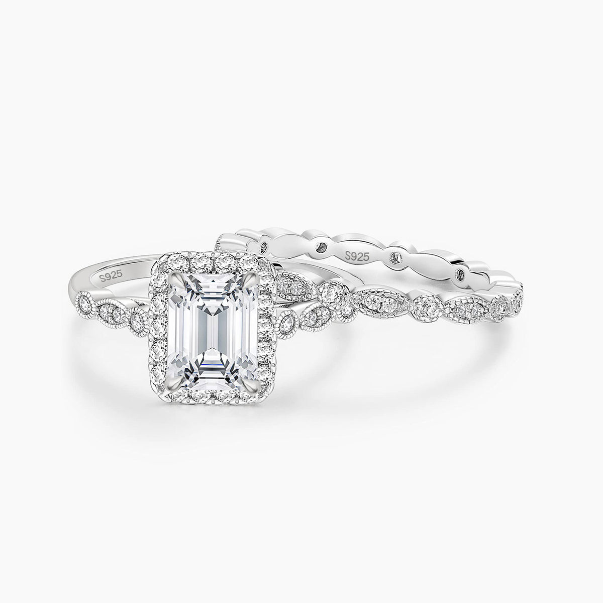 925 Sterling Emerald Cut Cubic Zirconia Ring Set