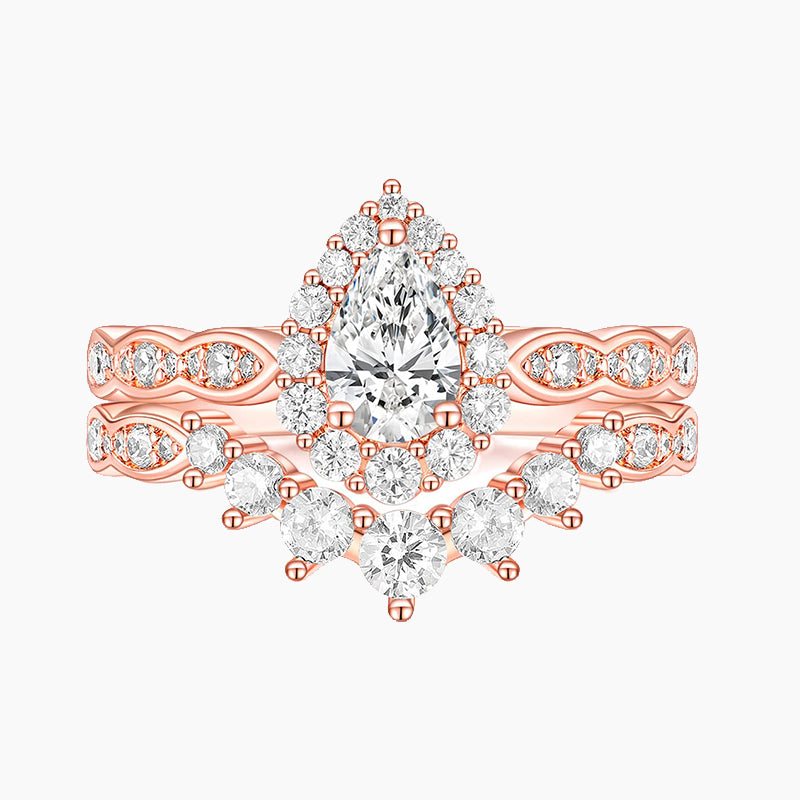 rose gold wedding rings, teardrop rings, bridal set rings, rose gold wedding ring sets, travel wedding ring sets