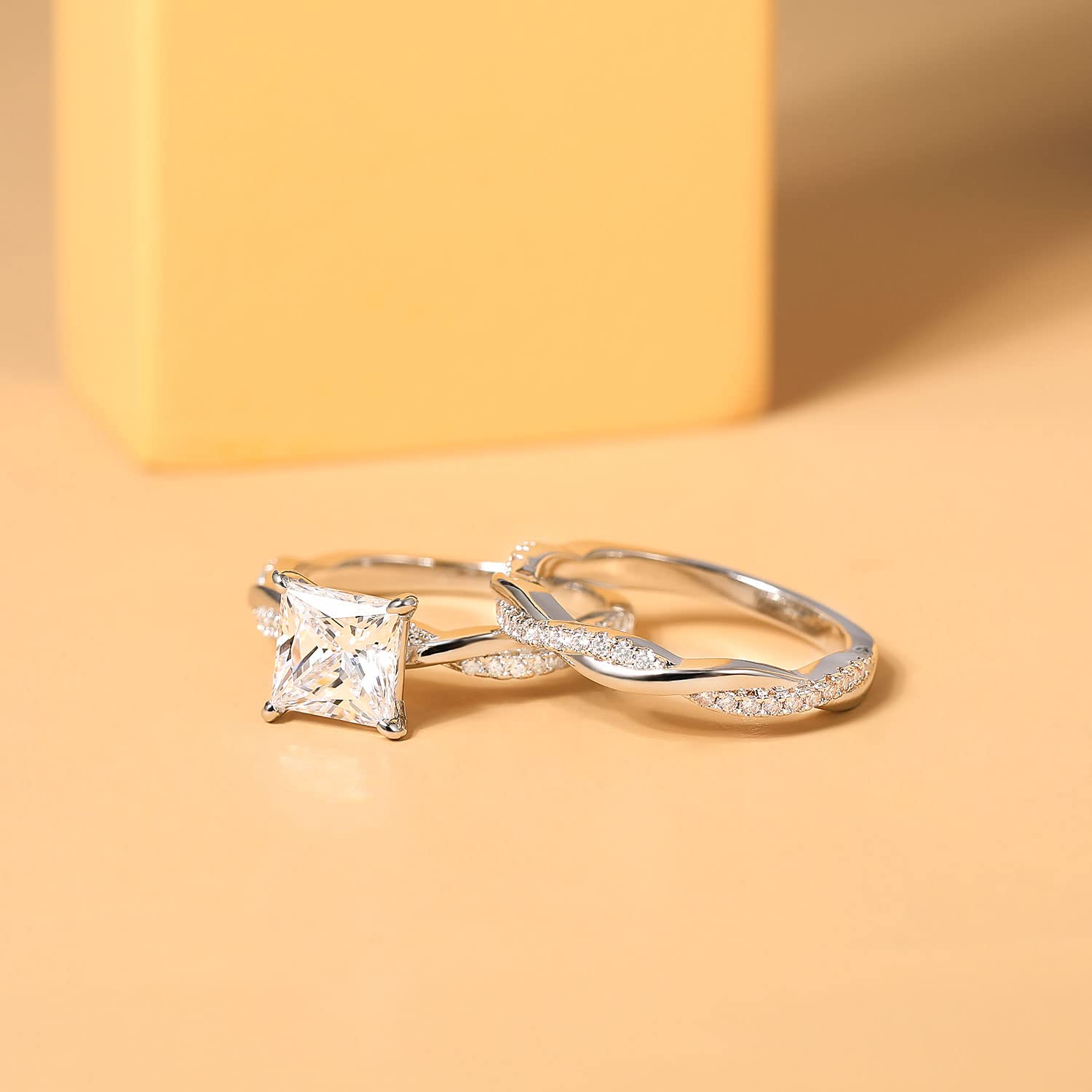 cz rings, cubic zirconia engagement rings, fake bridal set rings, cushion wedding ring set, cheap bridal ring set