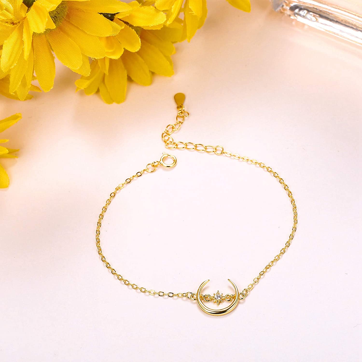 moon bracelet, cz stones, sterling silver, dainty bracelet