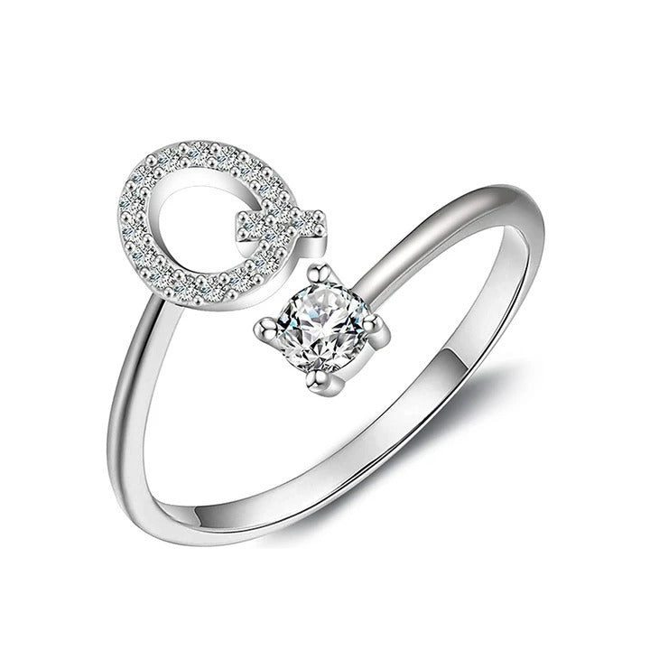 initial ring, initial rings, letter ring, silver letter rings, Q ring, adjustable rings